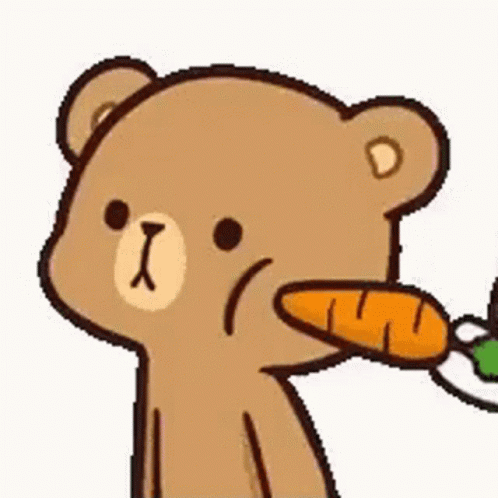 a blue bear holding a carrot up to it's ear