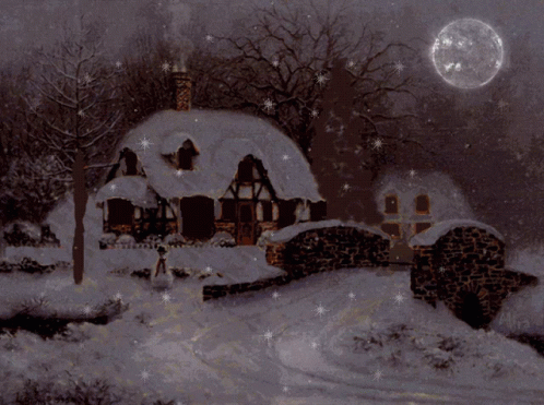 a painting of a house at night covered in snow