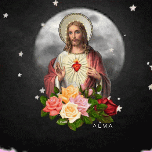 a painting of jesus with flowers and moon in the background