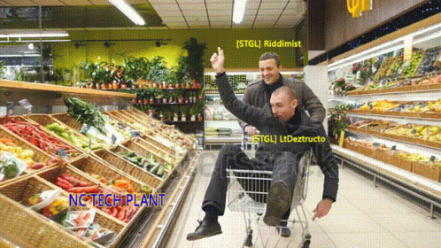 two guys in the supermarket with one in a shopping cart