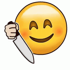 a smiley face holding a knife while making the peace sign