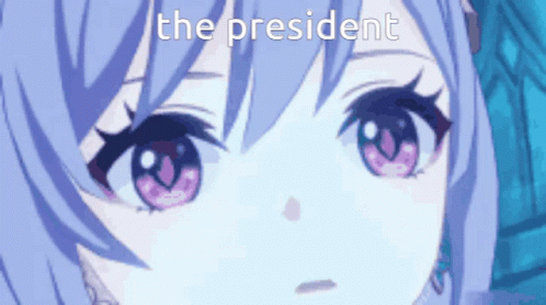 the president anime image shows a person with long pink hair, red eyes and pale skin