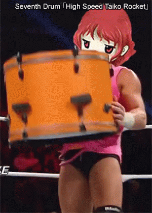 anime style po of female wrestler holding drum