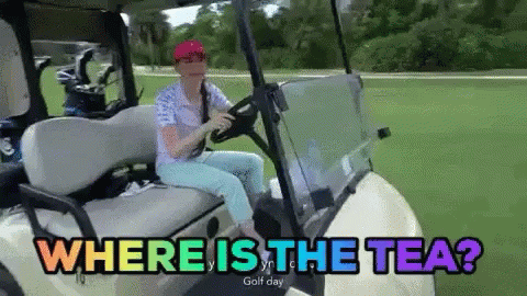 two people sit on the golf cart and chat