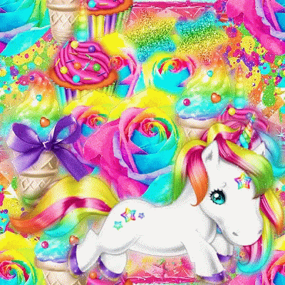 a large painting of a rainbow unicorn standing in front of a cupcake