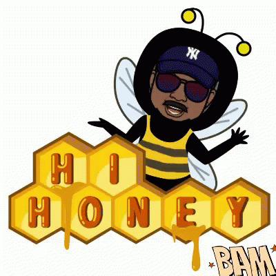 a cartoon character is standing with a bee and text that reads h h honey