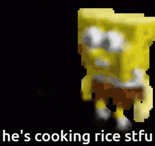 the text he's cooking rice stuff out of blue squares on the image