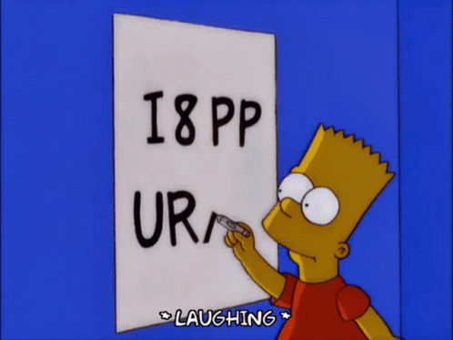 cartoon character writing on a sign saying 18pp url laughing