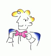 a cartoon drawing of a person with a purple bow tie