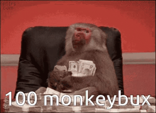 a monkey sitting in a chair holding money