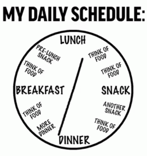 a poster with text that reads, my daily schedule lunch break and a pie