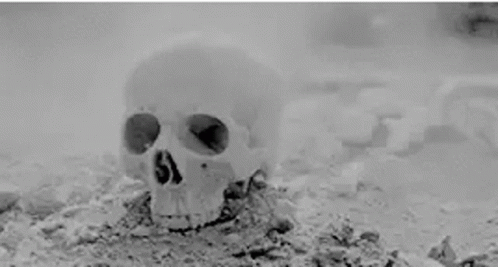 a skull floating in water with dust coming out of its head