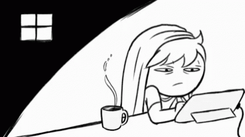 a cartoon figure sitting at a table with a mug