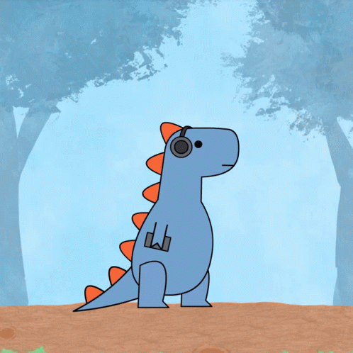 cartoon picture of a dinosaur in the woods