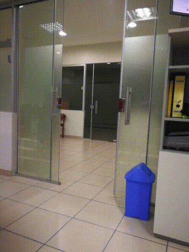 a large room with glass doors and red trash can