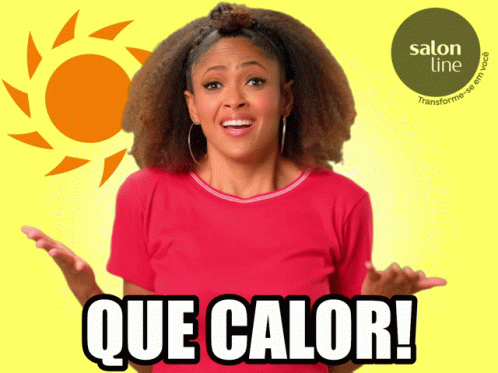 a lady in blue holding her arms open and the words que calor above her head