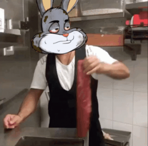 a cartoon with a rabbit in the kitchen making sandwiches