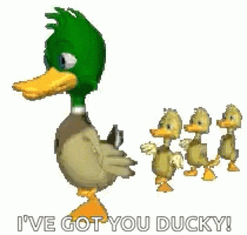 there is an animated duck next to many other birds