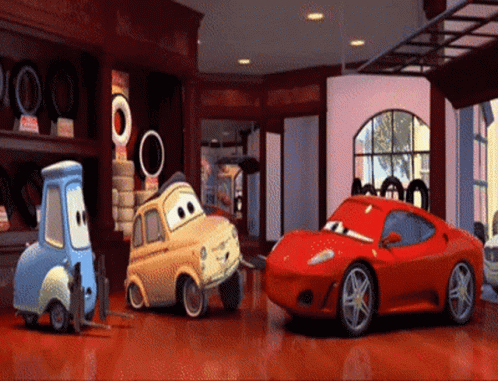 disney cars in a shop with large windows