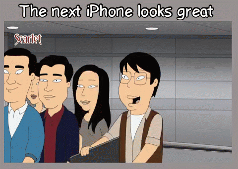 cartoon of group of people on cellphone and caption with captioned saying that text the next phone looks great