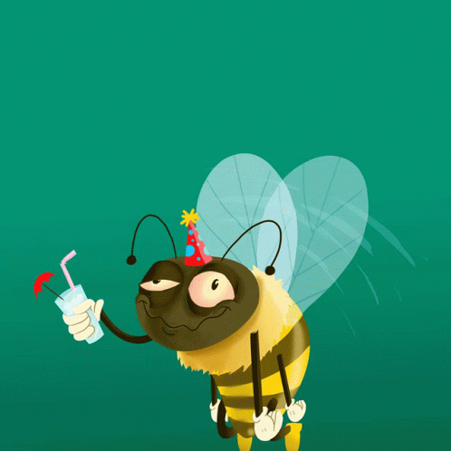 a cartoon bee wearing a party hat with a drink in its hand