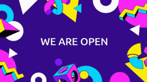 the words we are open in bright colors