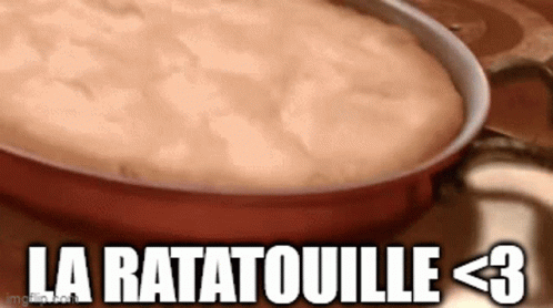 an image of a blue pan of food that has the word la ratatouile above it