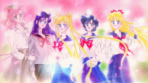 six anime characters in white, purple and red costumes