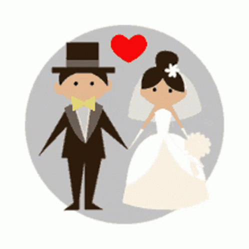a bride and groom with heart shaped speech bubbles