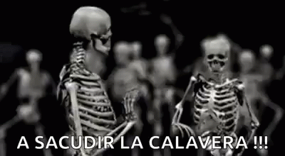 two skeletons facing each other, in front of the words in spanish