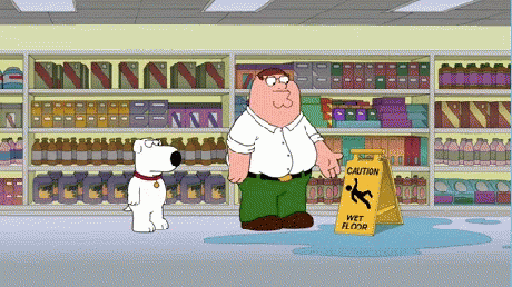 two cartoon characters are walking through the store