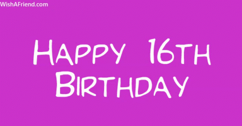 pink happy 16th birthday card with the number sixteen in white on a purple background