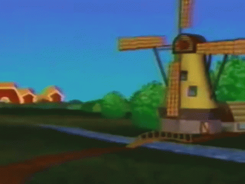 a cartoon view of a windmill in the distance