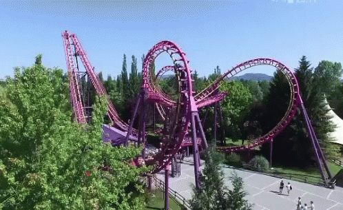 an amut park, and the coaster ride is purple