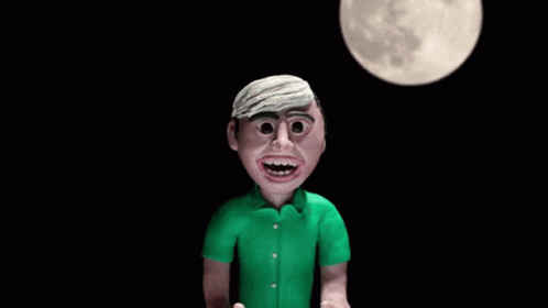 a 3d animation of a green shirted man and a moon
