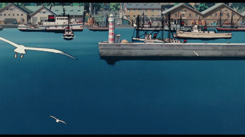a large bird flying over a harbor with boats
