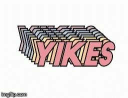 the word yikes written in blue and grey