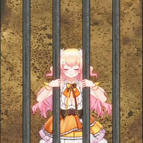 a girl in a blue dress stands behind bars
