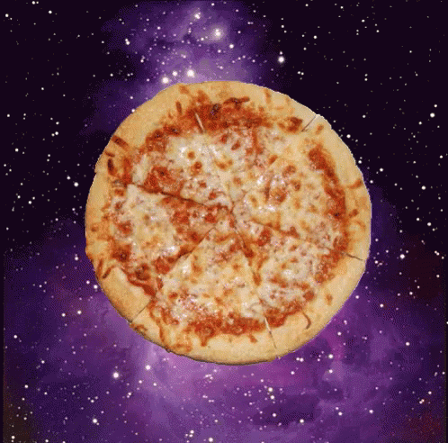 a pizza in the middle of a galaxy filled sky