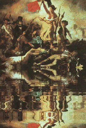 artwork of four men in the water with one man waving a flag