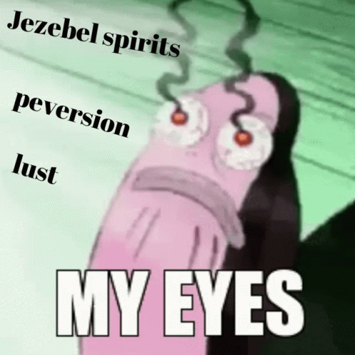 a cartoon image with the words jezebel spirits percussion dust