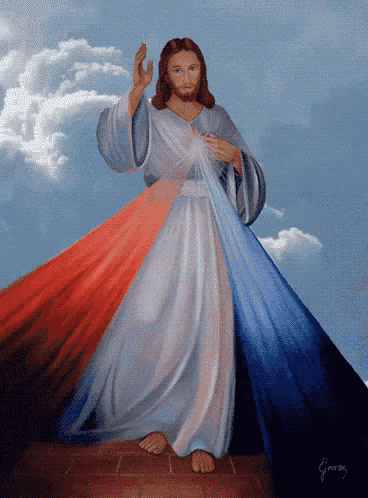 a religious painting of jesus standing before clouds