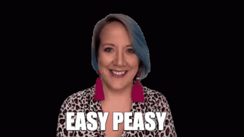 a woman wearing a purple necklace, with text saying easy peasy