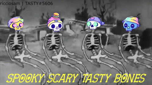 four cartoon skeletons sitting in a row wearing hats