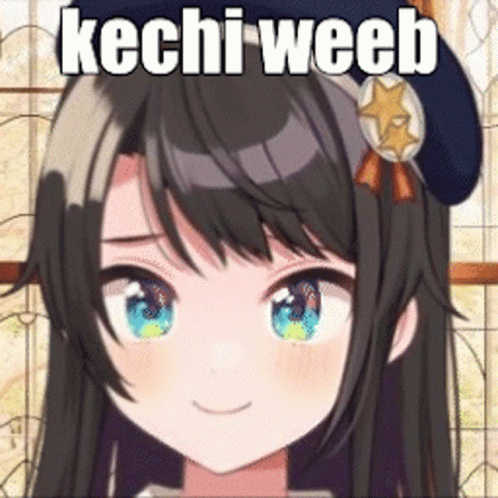an anime girl with long hair and bright yellow eyes has the words, shech weeb on her face
