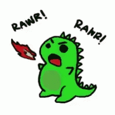 cartoon drawing of a funny green dinosaur with the words rawr on it