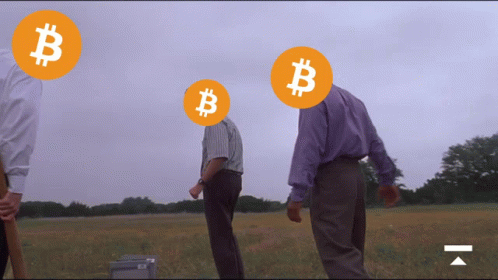 three men with bitcoins on their faces, one is wearing blue gloves