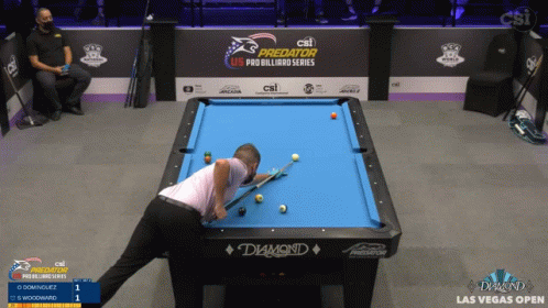 a man is playing pool and has his leg up on a table