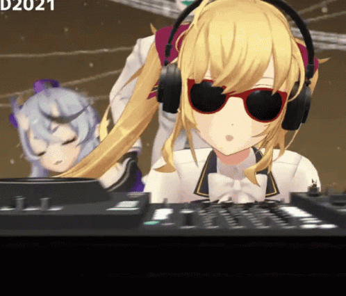 a girl sitting at a keyboard wearing headphones