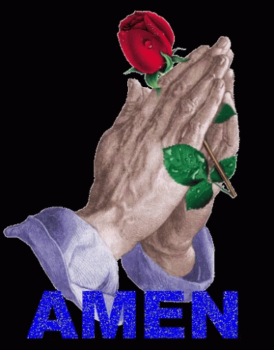 a blue rose and a praying hand, on top of red ink with word amen underneath